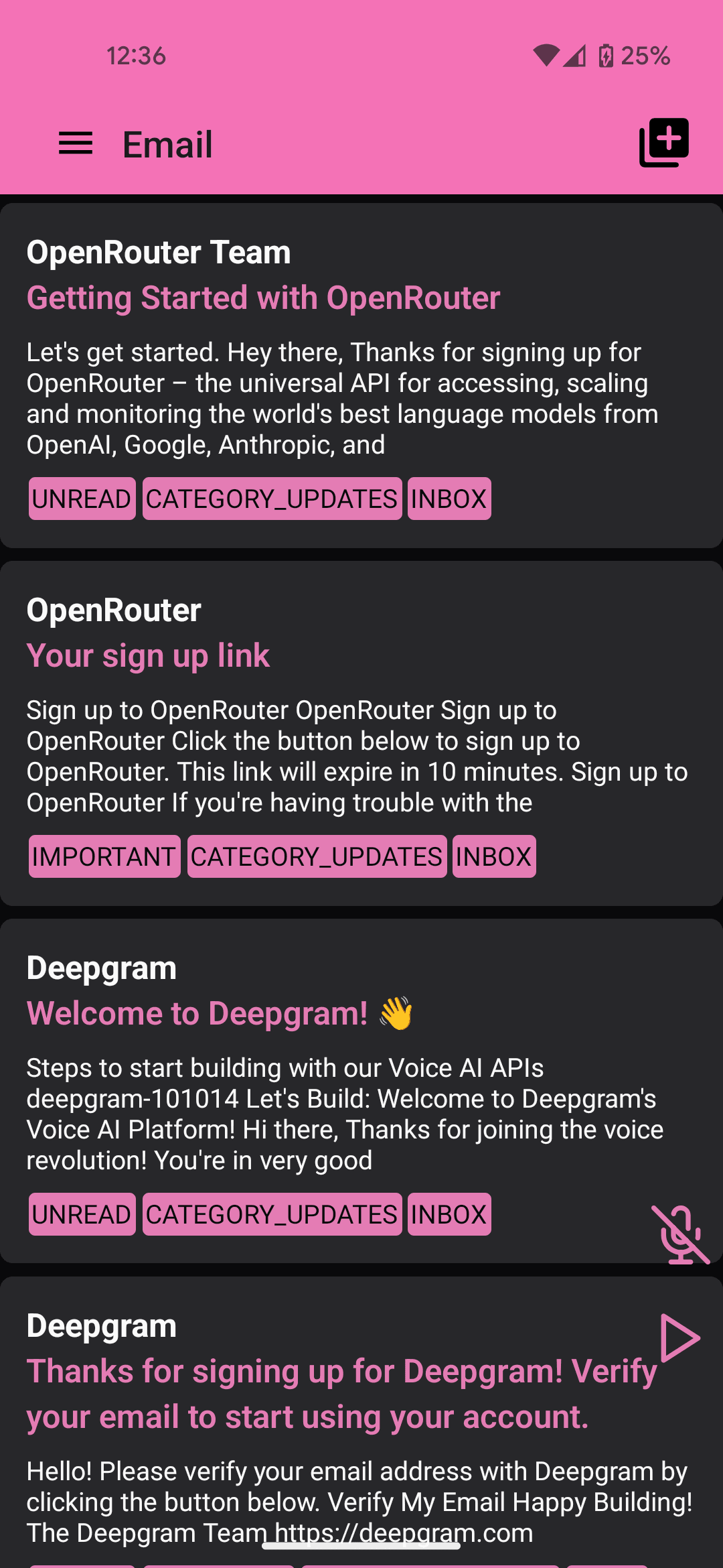 screenshots of MailVox app (dark mode)
